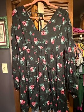 Black Floral V-Neck Tunic with Pink and Teal Flowers